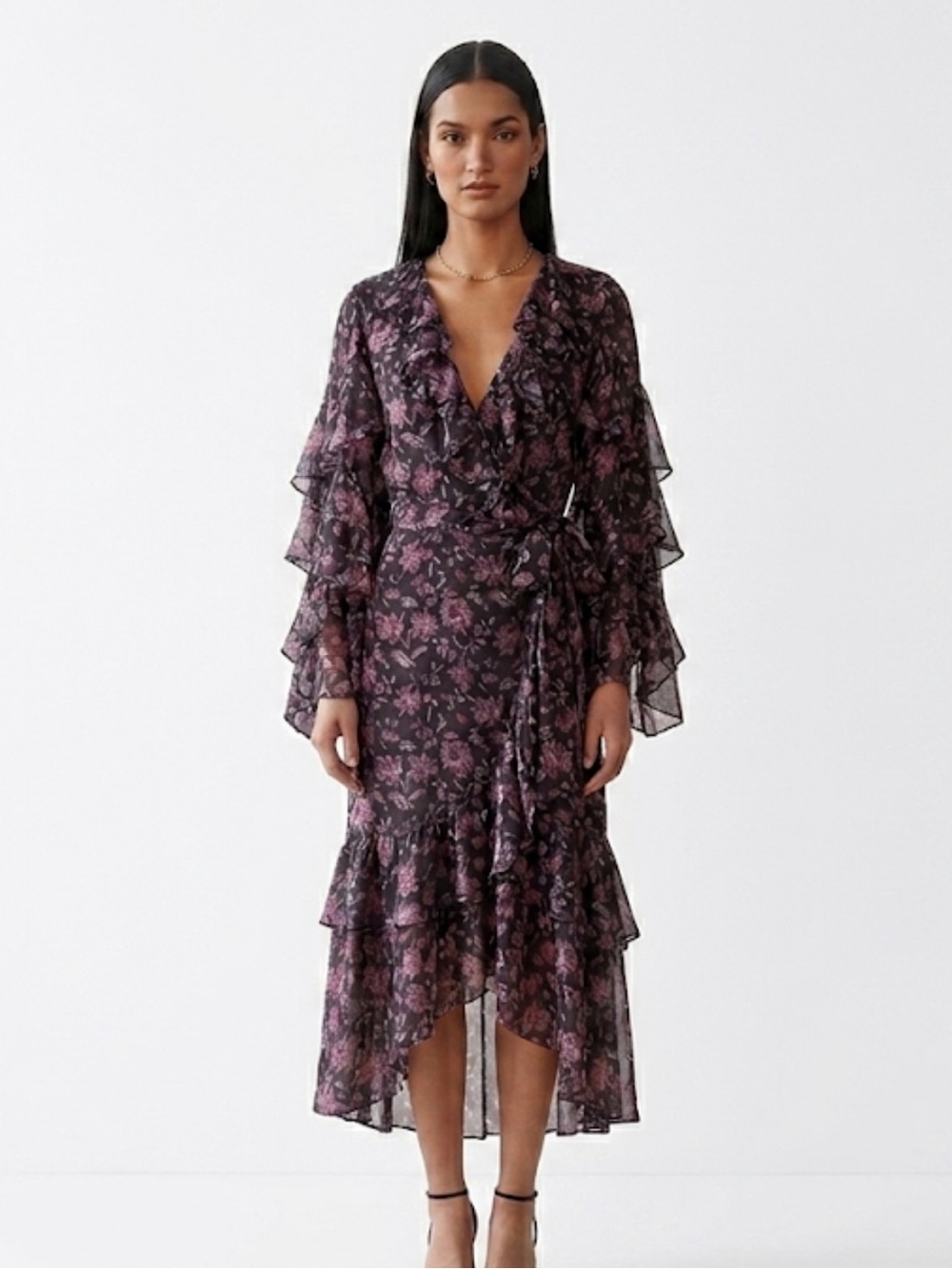 Amur Black Pink Floral Organic Silk Ruffled Dress Size 8